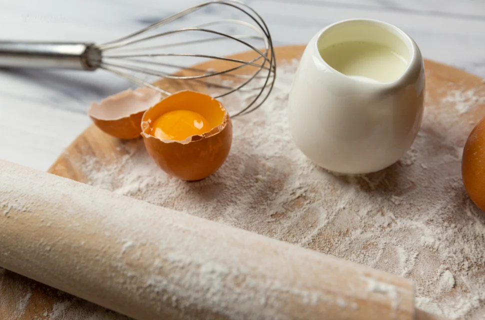 Cake batter made with room-temperature eggs, butter, and dairy