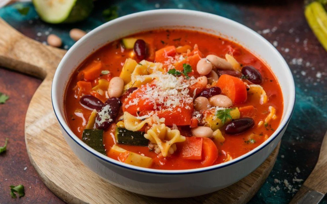 Minestrone soup with small pasta, white beans and chopped colorful vegetables