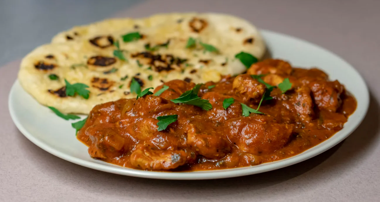 Tikka Masala Soslu Tavuk servis tabağında hazırlanmış sunum